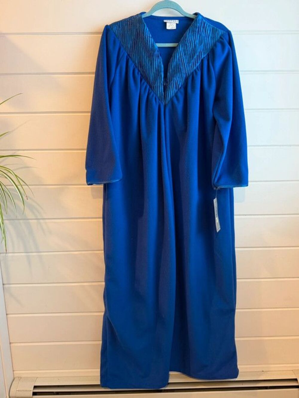 80s 90s Vintage Appel Royal Blue Fleece Duster Robe Large Satin Yoke Housecoat